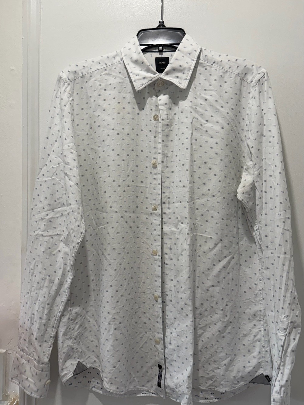 Hugo Boss white shirt with a micro-pattern of blue dashes